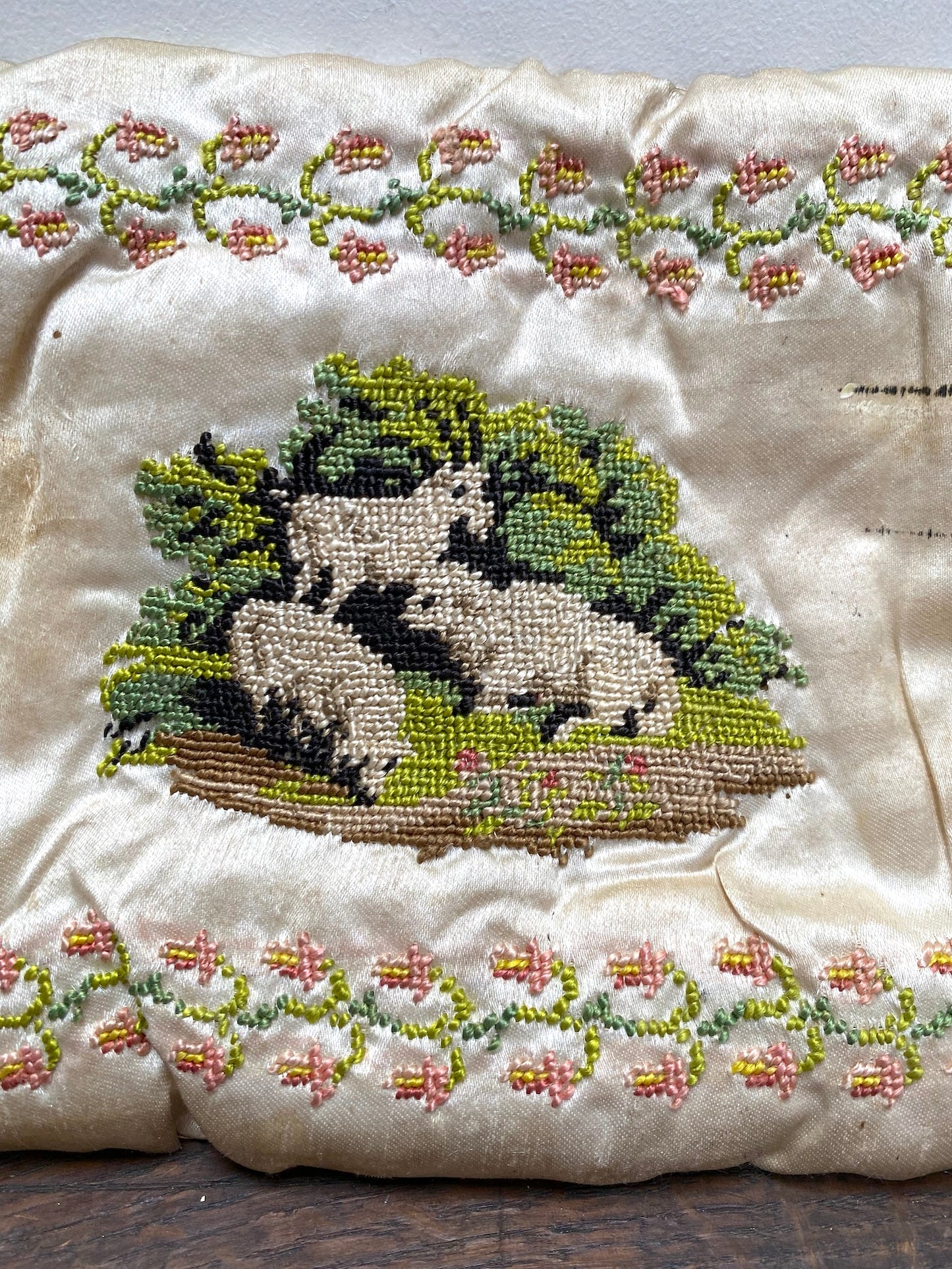 Antique French Embroidery Sampler Silk Pillow