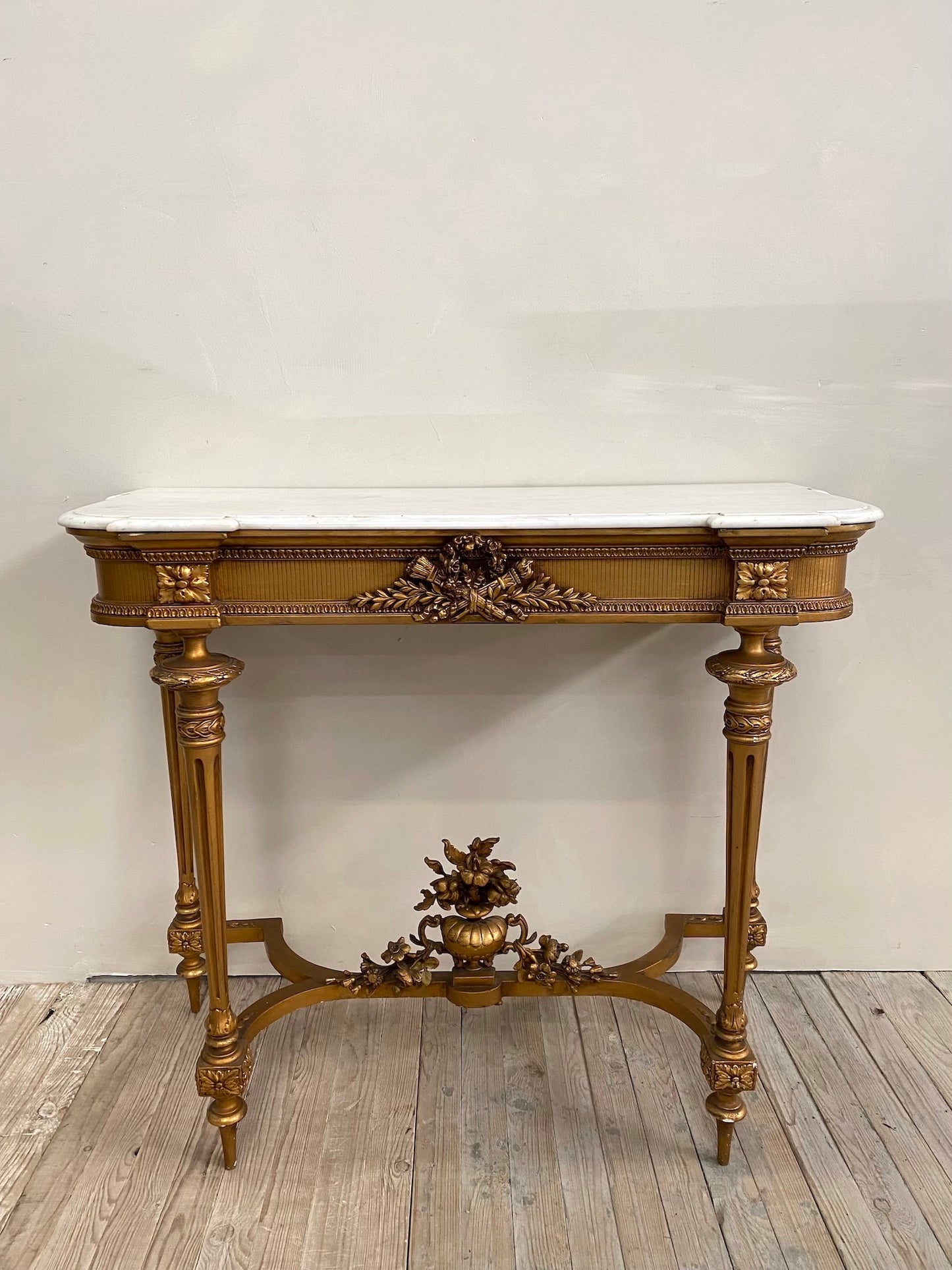 Antique French Louis XVI Gilt & White Marble Console Table