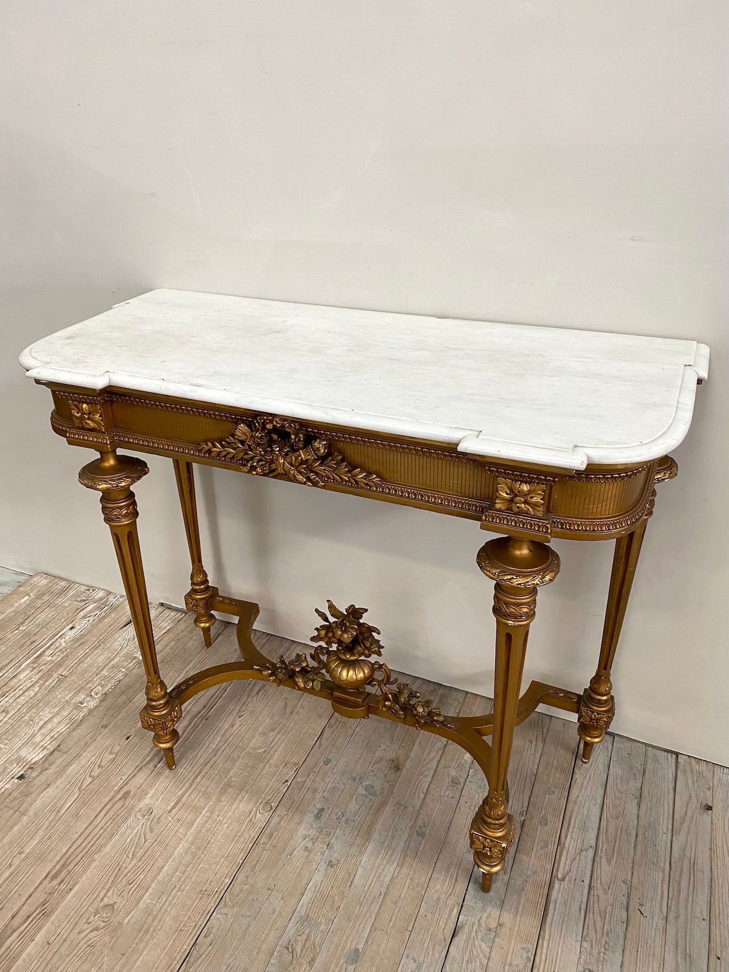 Antique French Louis XVI Gilt & White Marble Console Table