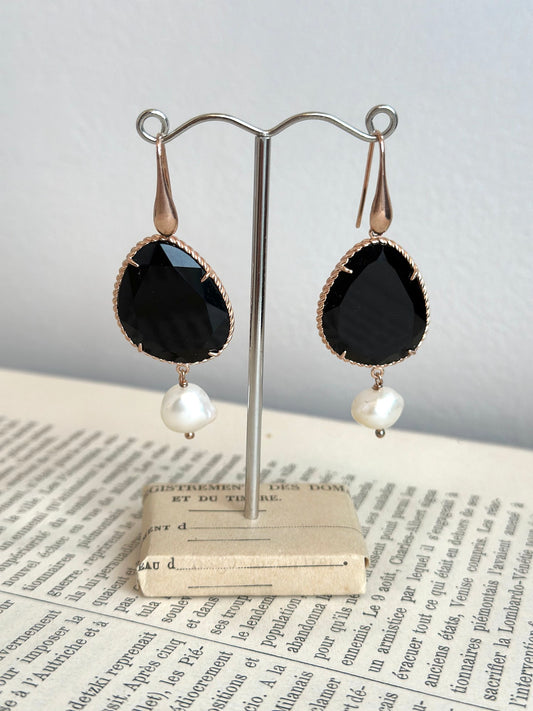 Italian Large Black Agate Teardrop Earrings With Pearl