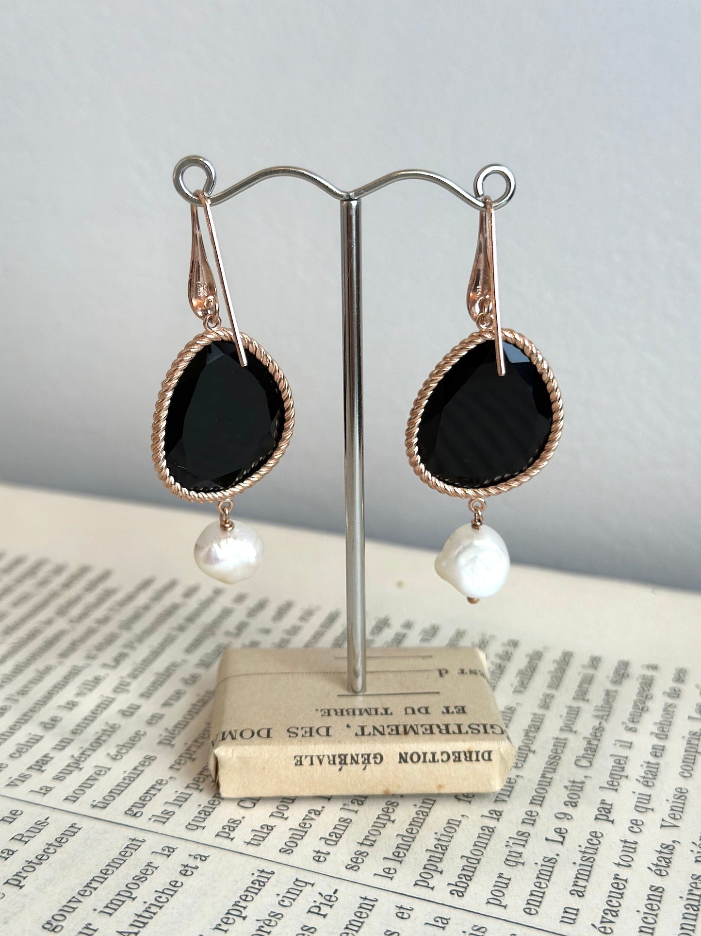 Italian Large Black Agate Teardrop Earrings With Pearl