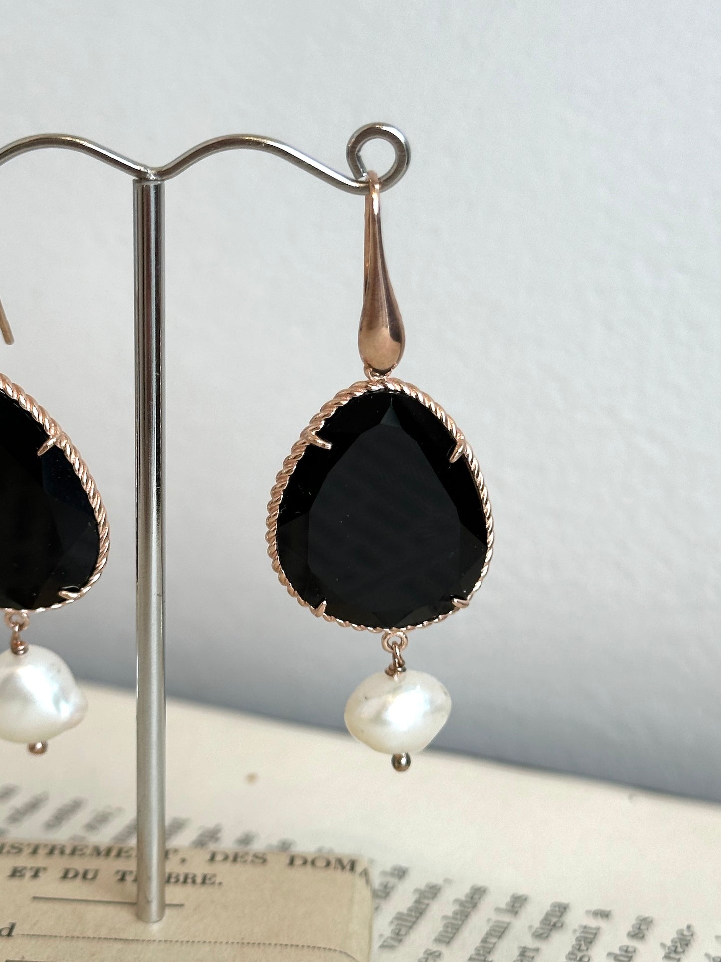 Italian Large Black Agate Teardrop Earrings With Pearl