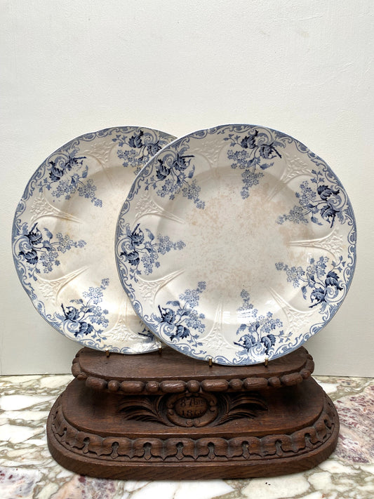 Antique French Blue Floral 'Joinville Longwy' Side Plates - Pair