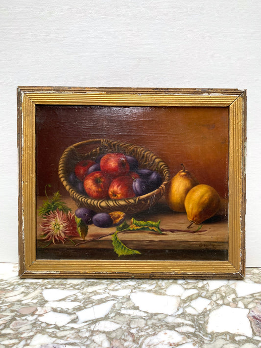 Antique French Still Life Painting -  Autumn Fruit Harvest in Basket