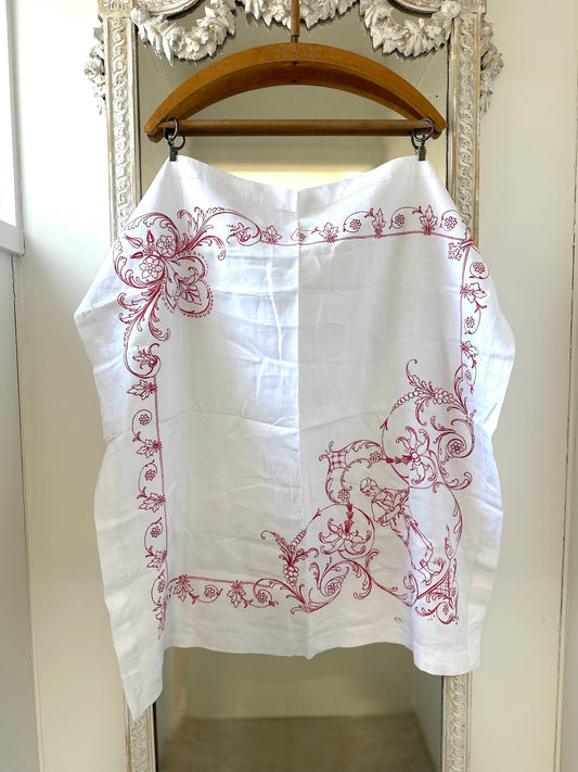 Antique French Raspberry Embroidered 'Afternoon Tea' Cloth