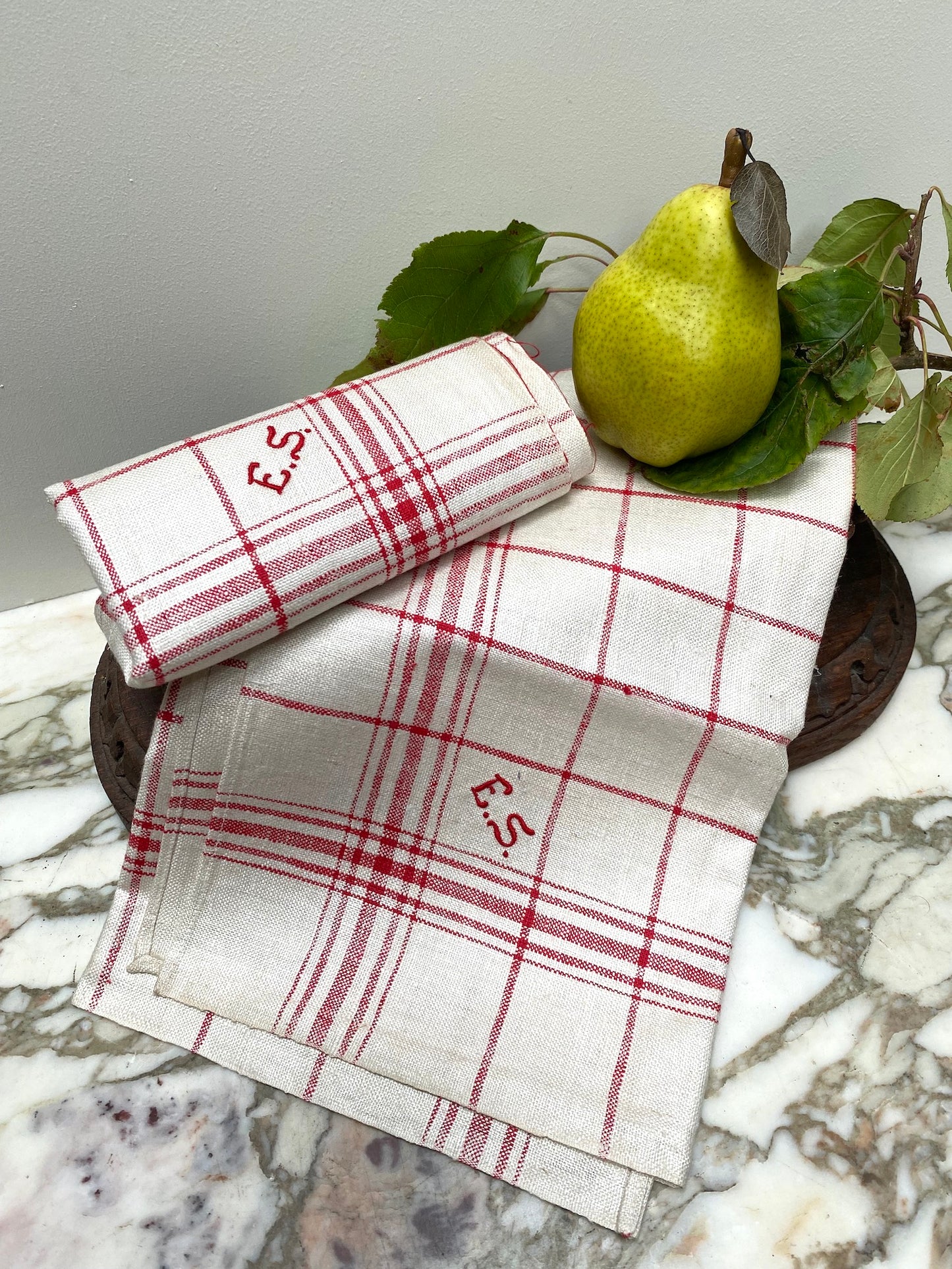 Antique French Monogrammed 'ES' Pair of Linen Tea Towels