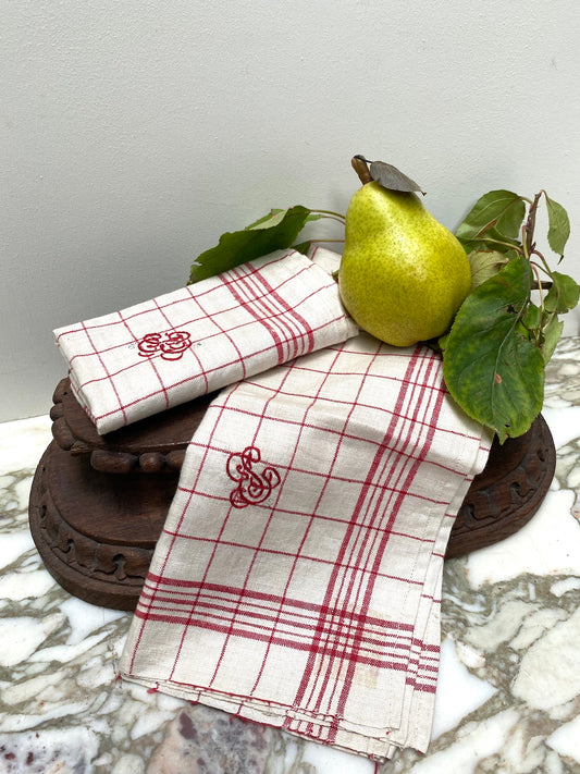 Antique French Monogrammed Pair of Linen Tea Towels