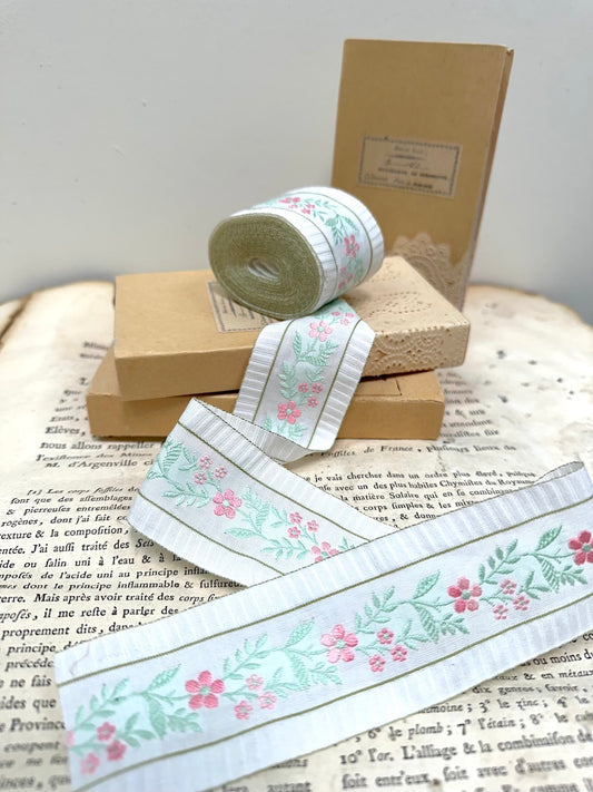 Vintage French Embroidered Floral Ribbon - Soft Green & Pink