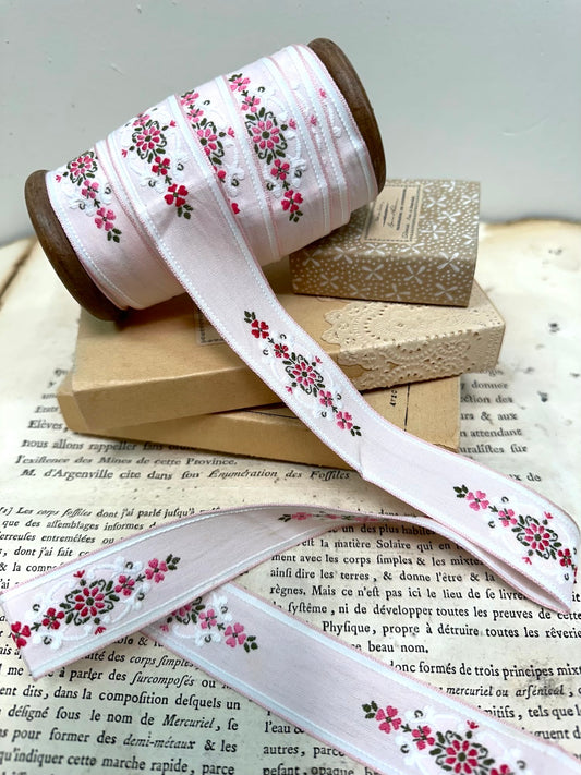 Vintage French Embroidered Floral Ribbon - Pink