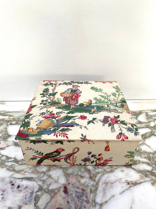 Antique French 'Lady with Chickens' Fabric Covered Storage Box