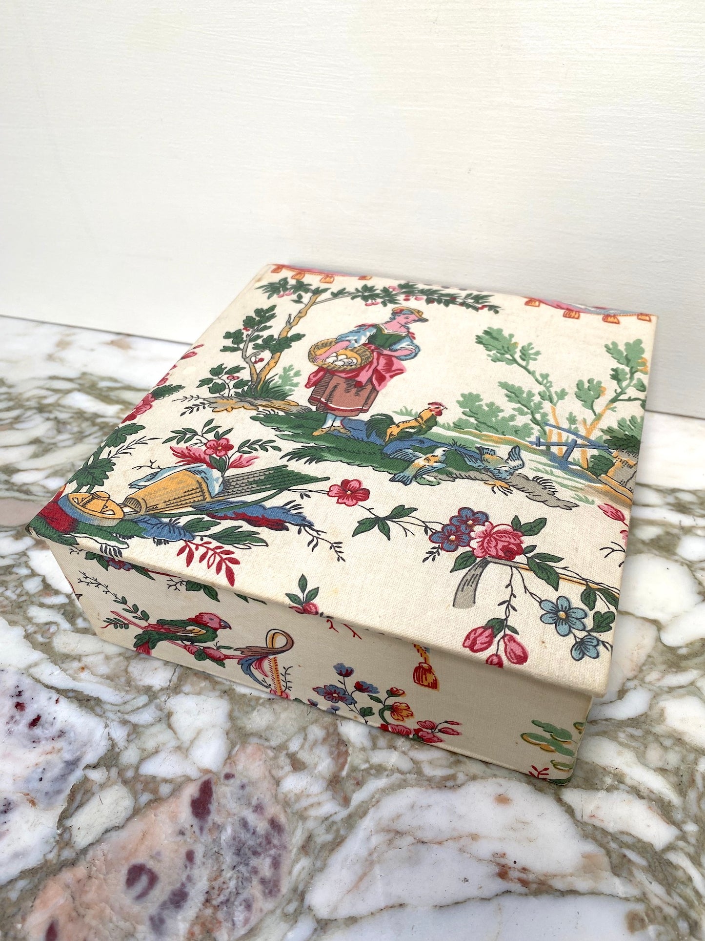 Antique French 'Lady with Chickens' Fabric Covered Storage Box