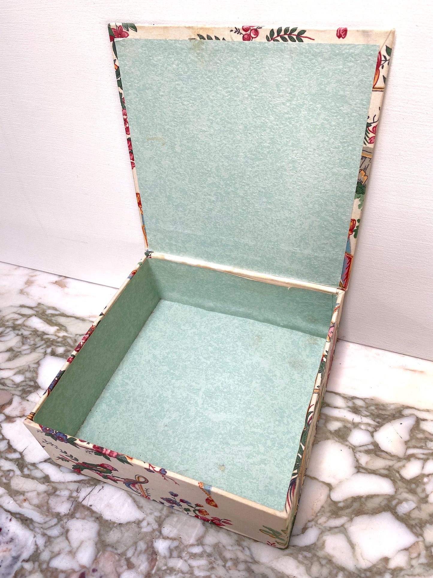Antique French 'Lady with Chickens' Fabric Covered Storage Box
