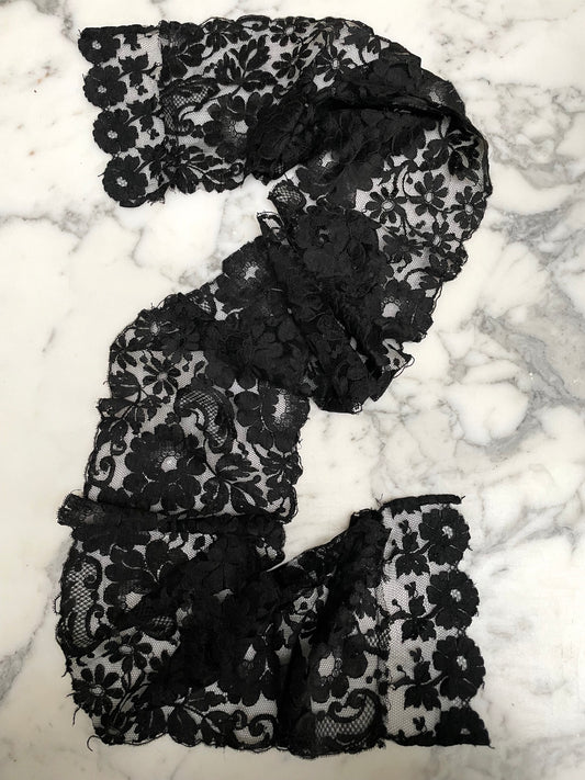 Antique French Black Wide Floral Lace Piece