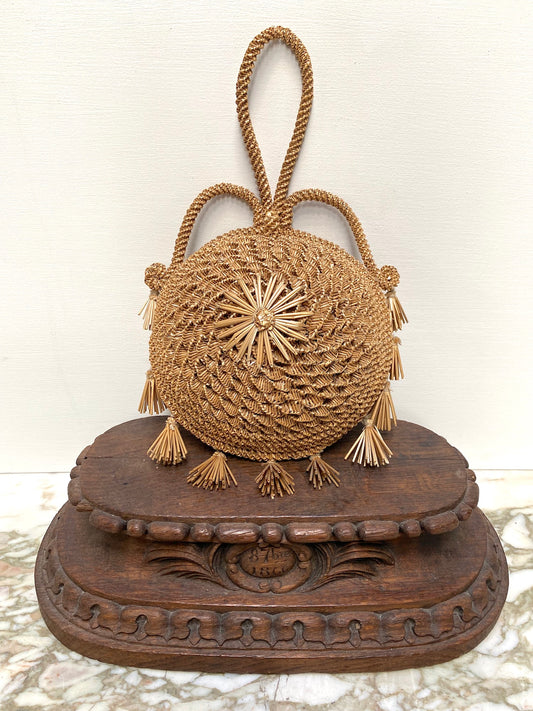 Antique French Round Hand Woven Straw Purse