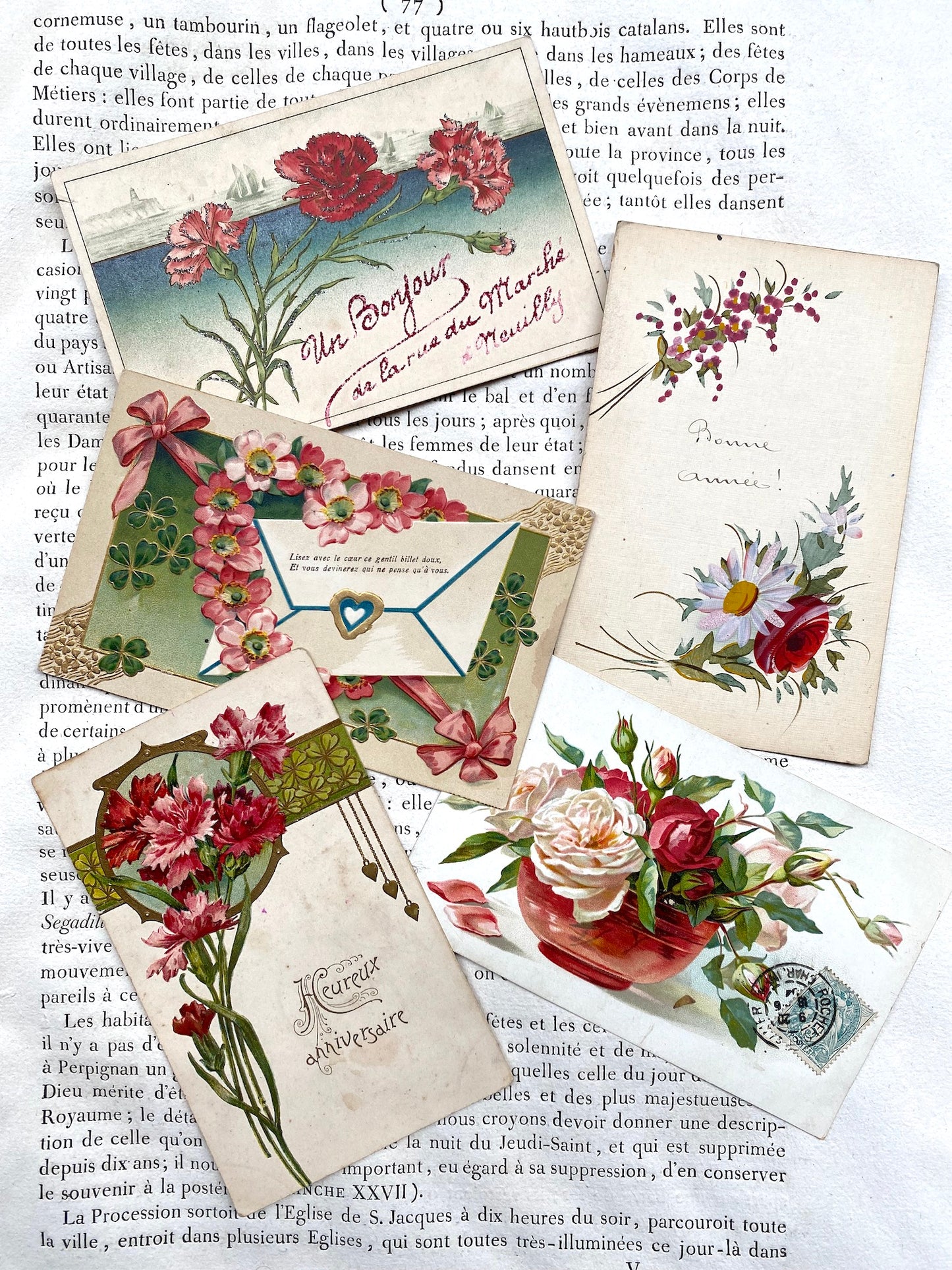 Antique French Postcards - Set 3 - Pink Floral
