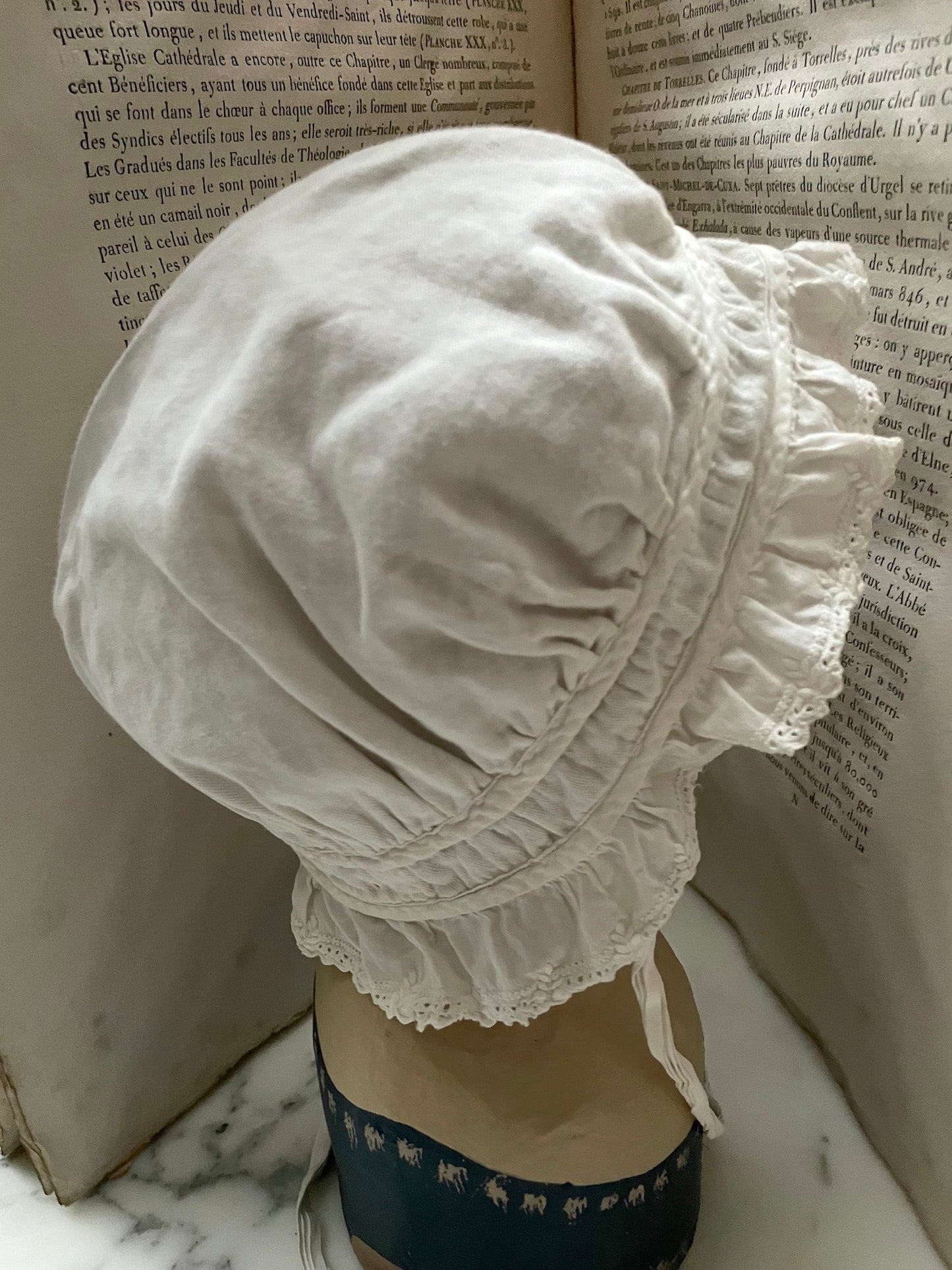 Antique French Lace Trimmed Cotton 'Mob cap' - I