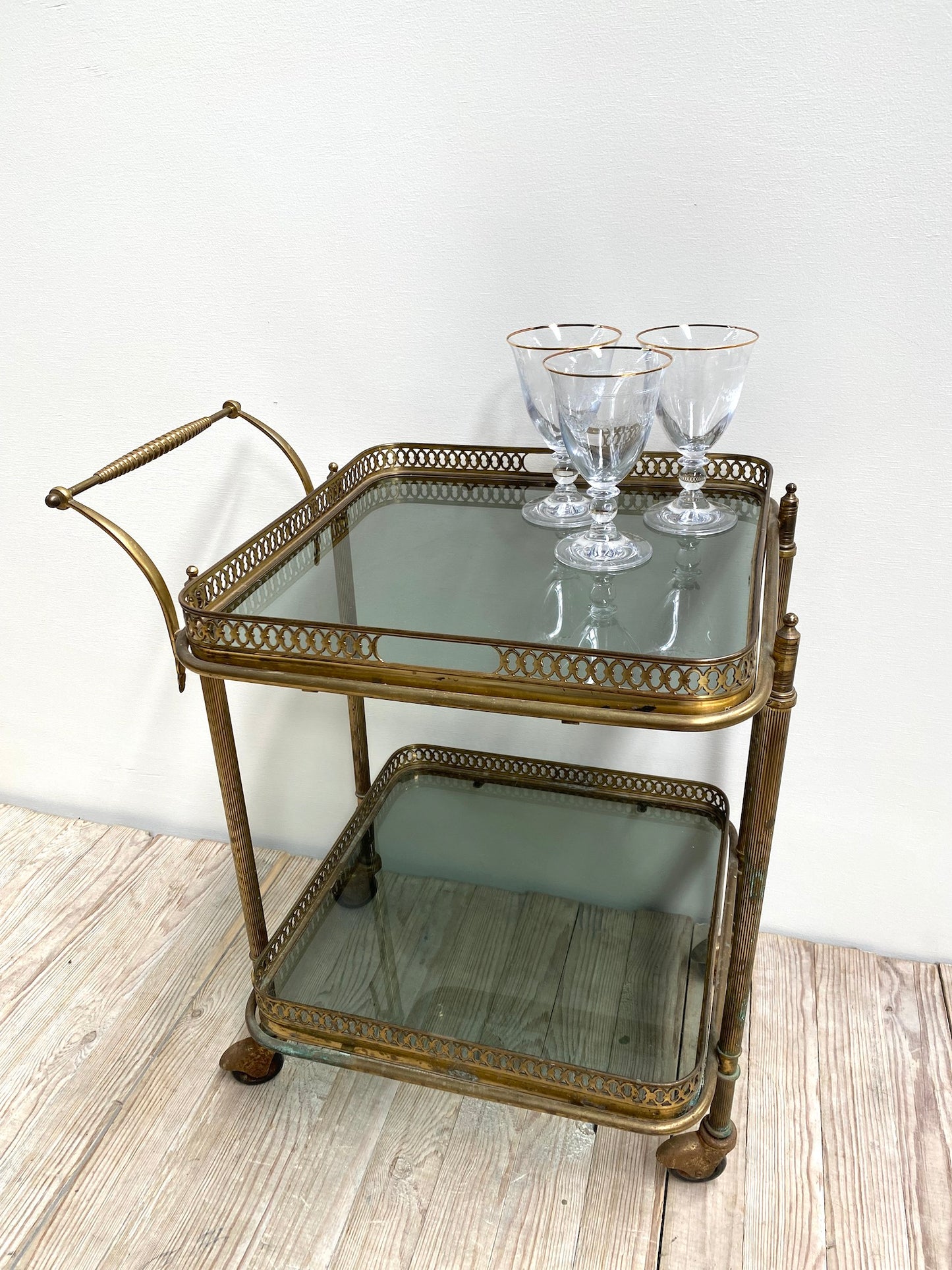 Antique French Petite Brass Bar Cart with Glass Trays