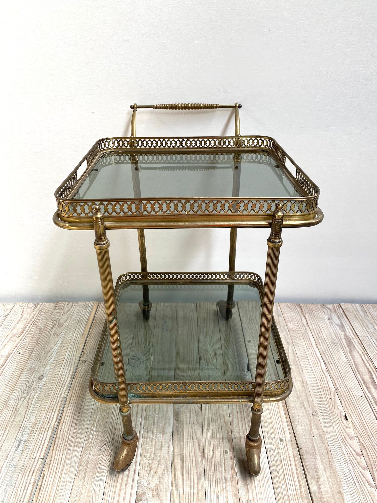 Antique French Petite Brass Bar Cart with Glass Trays