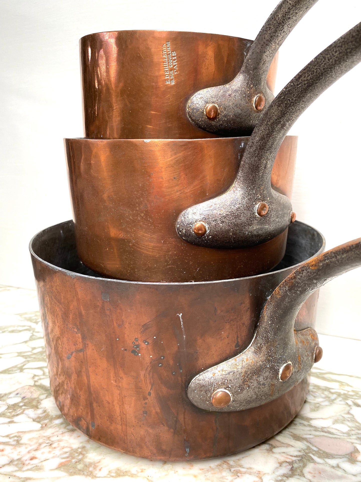 Antique French 'E. Dehllerin' Set of 3 Copper Saucepans