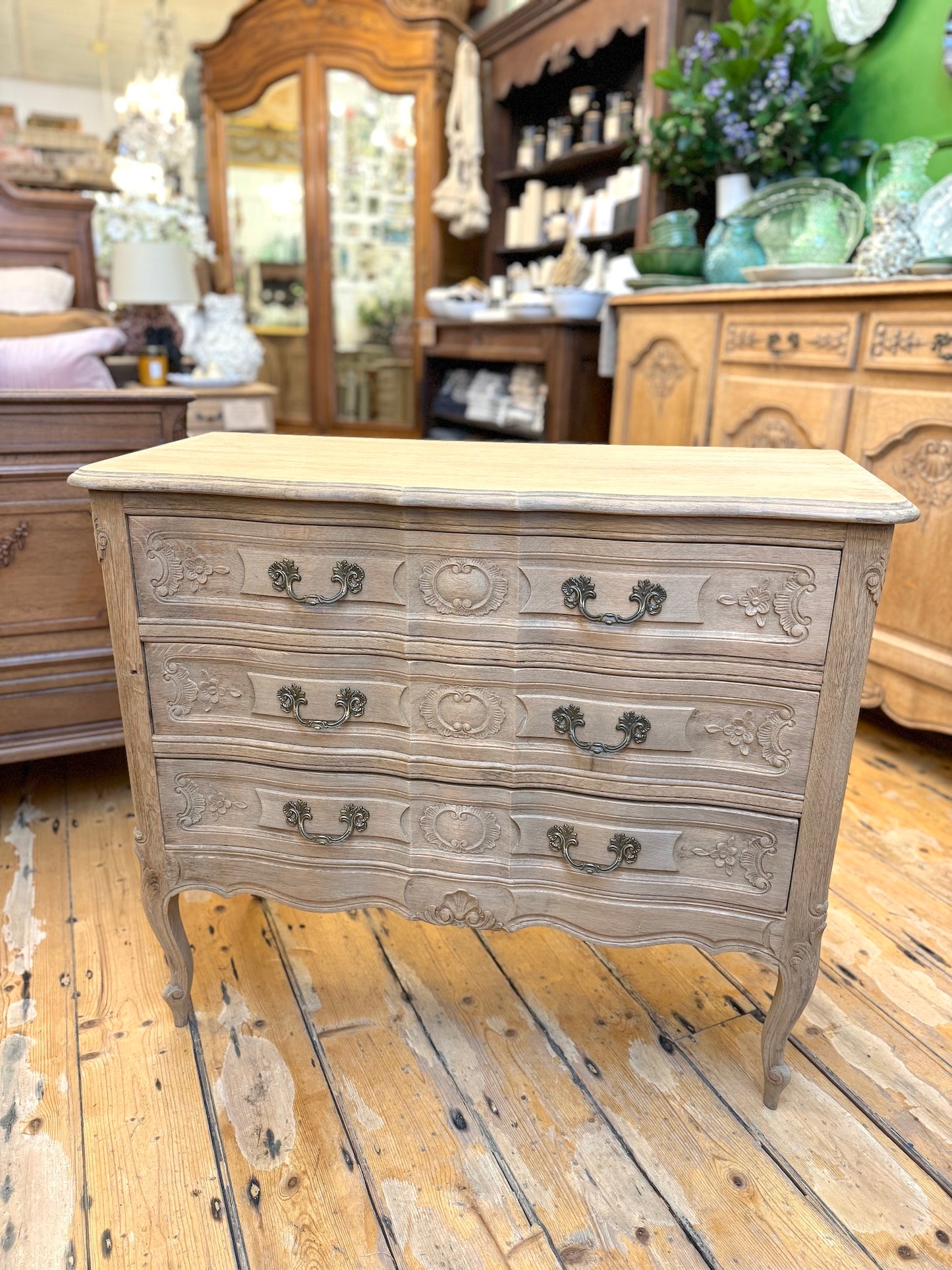 Antique French Oak 3 Drawer Serpentine Commode - Raw Finish