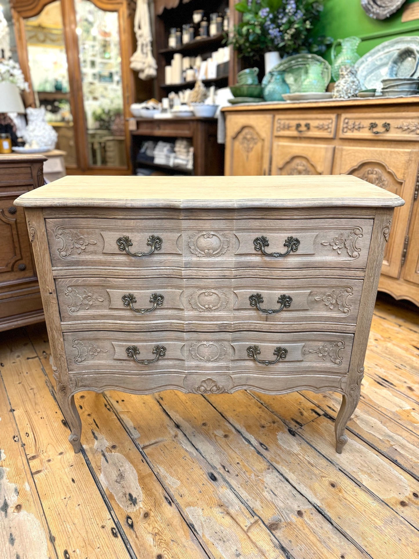 Antique French Oak 3 Drawer Serpentine Commode - Raw Finish