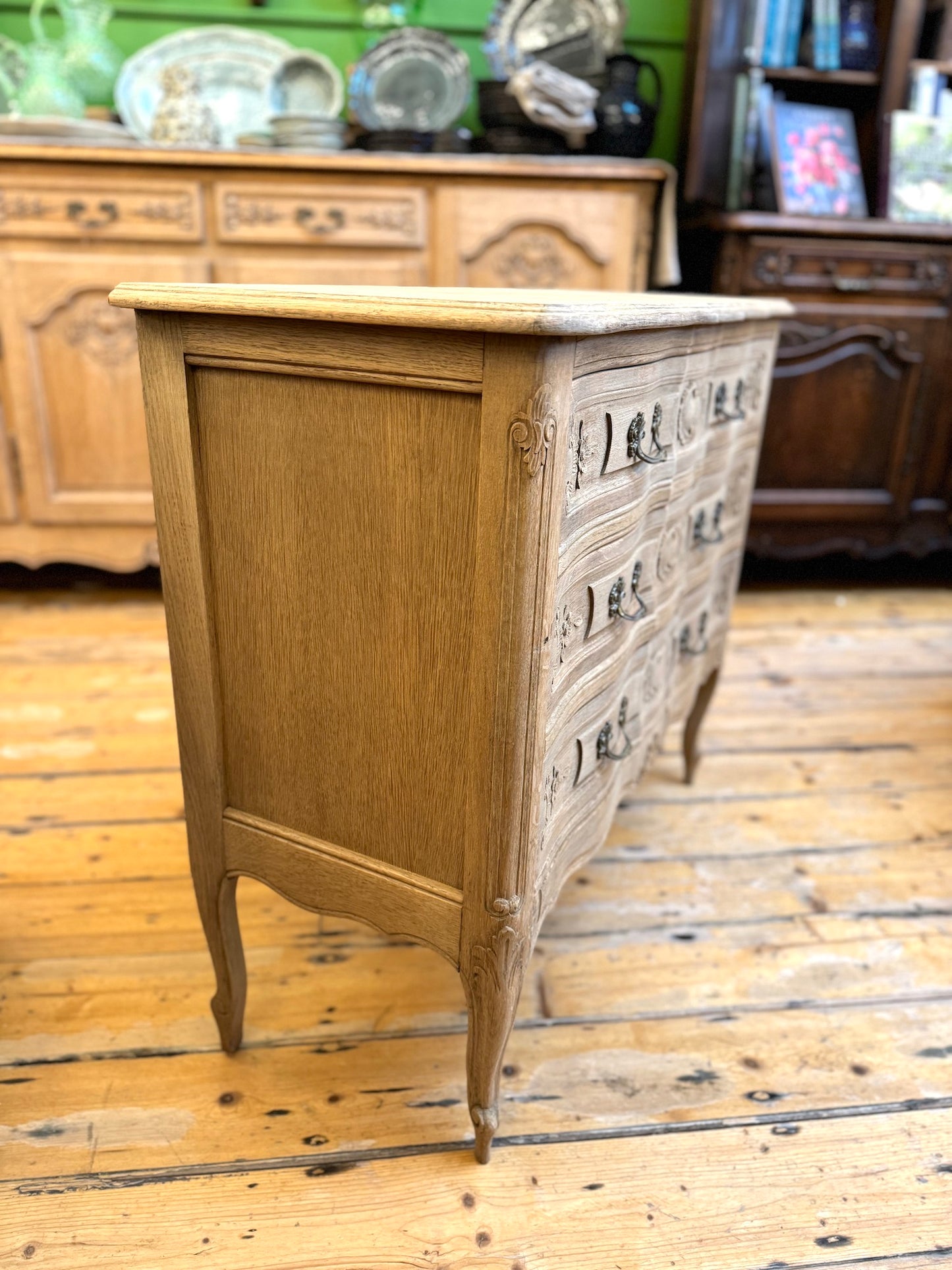 Antique French Oak 3 Drawer Serpentine Commode - Raw Finish