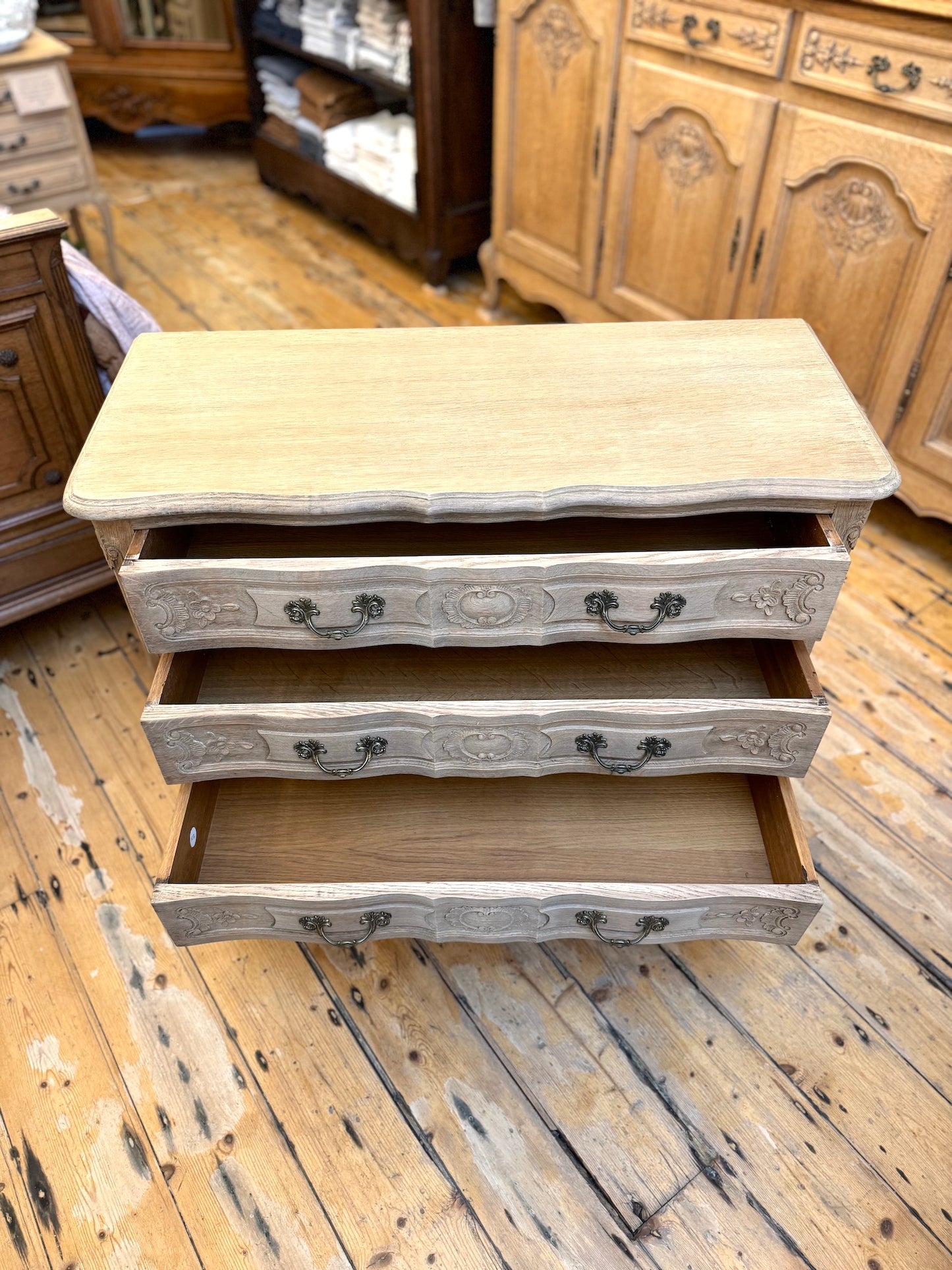 Antique French Oak 3 Drawer Serpentine Commode - Raw Finish