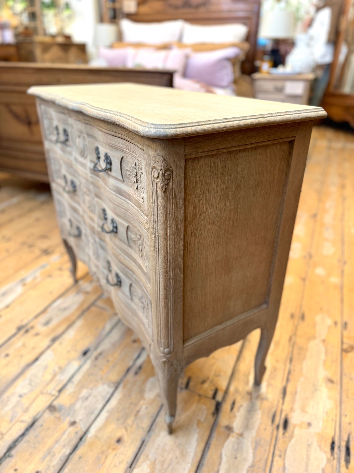 Antique French Oak 3 Drawer Serpentine Commode - Raw Finish