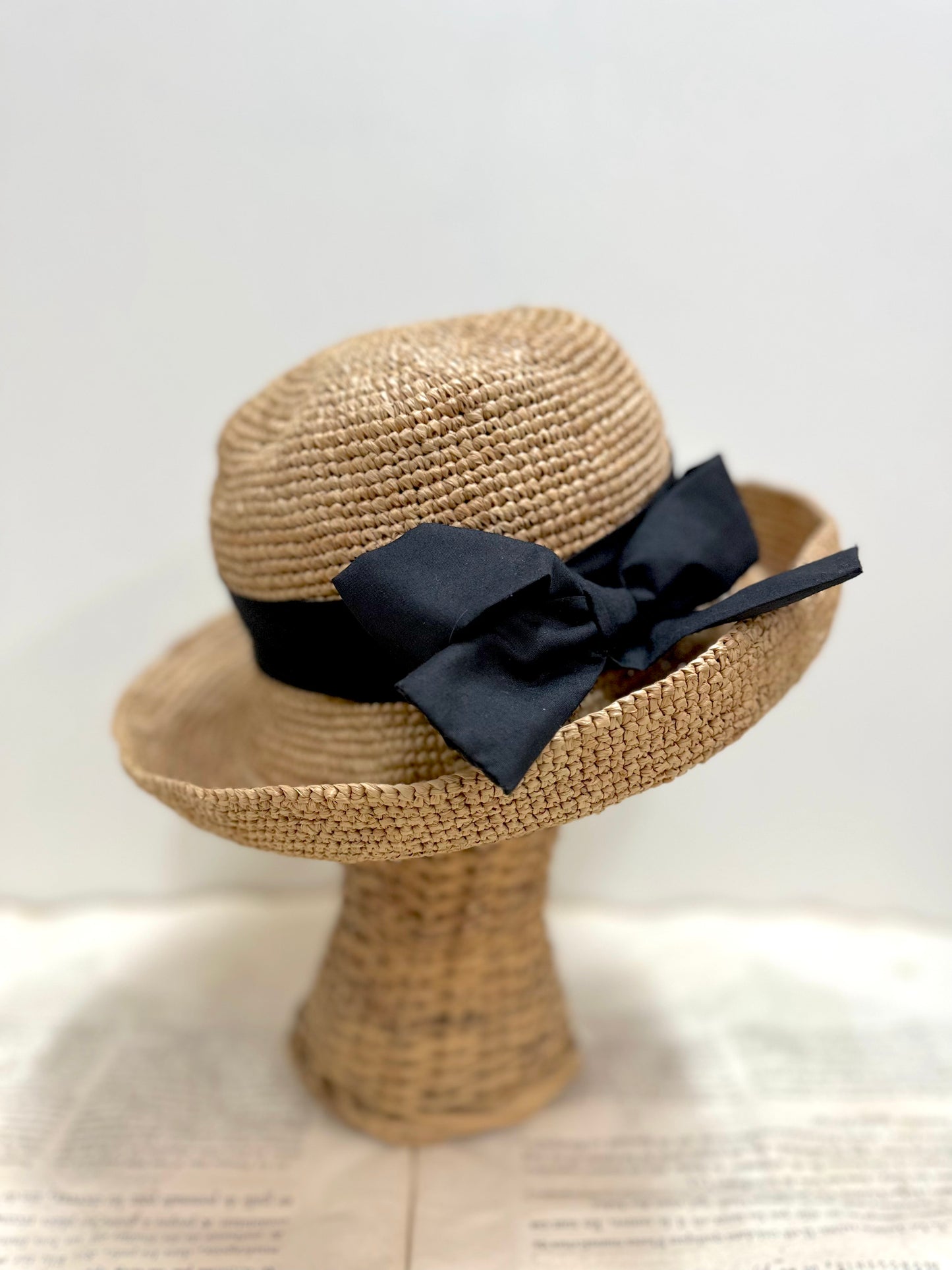 Small Raffia Bucket Hat With Black Ribbon