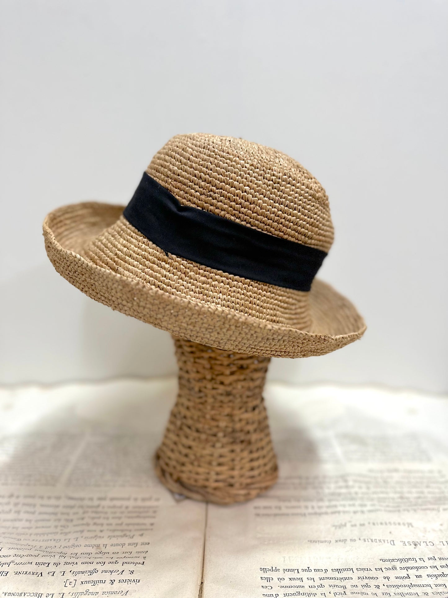 Small Raffia Bucket Hat With Black Ribbon