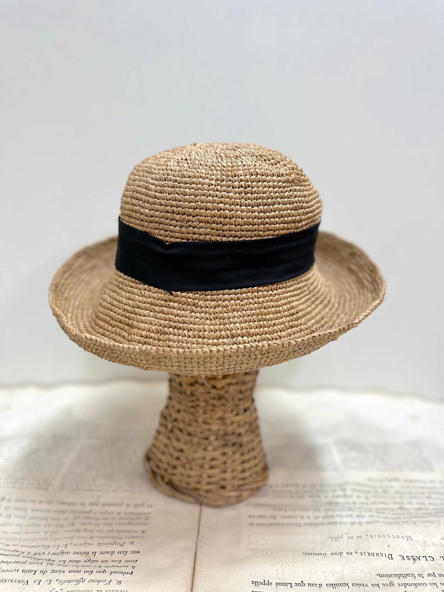 Small Raffia Bucket Hat With Black Ribbon