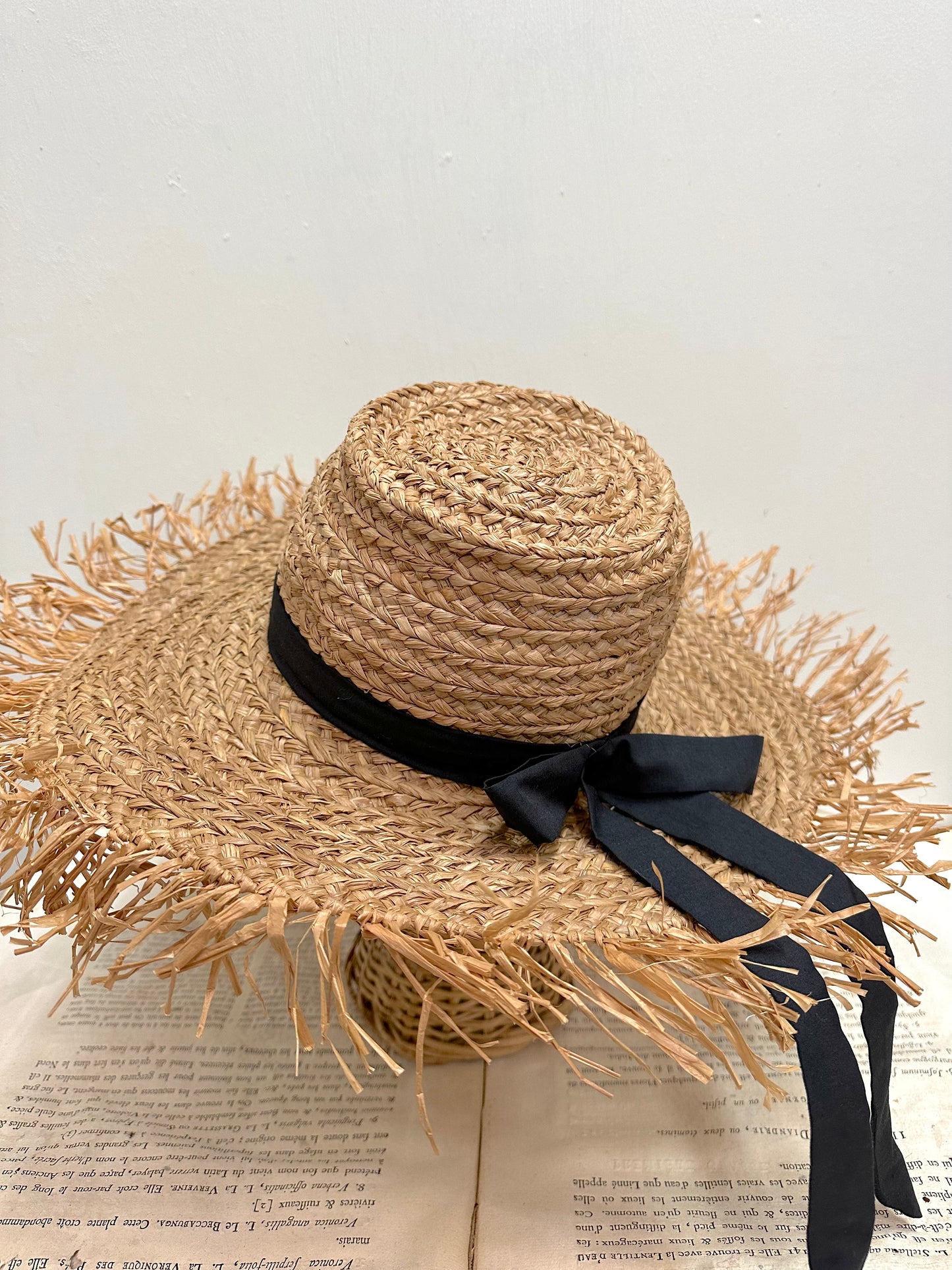 Large Raffia Hat With Black Ribbon And Raffia Edge In Tea