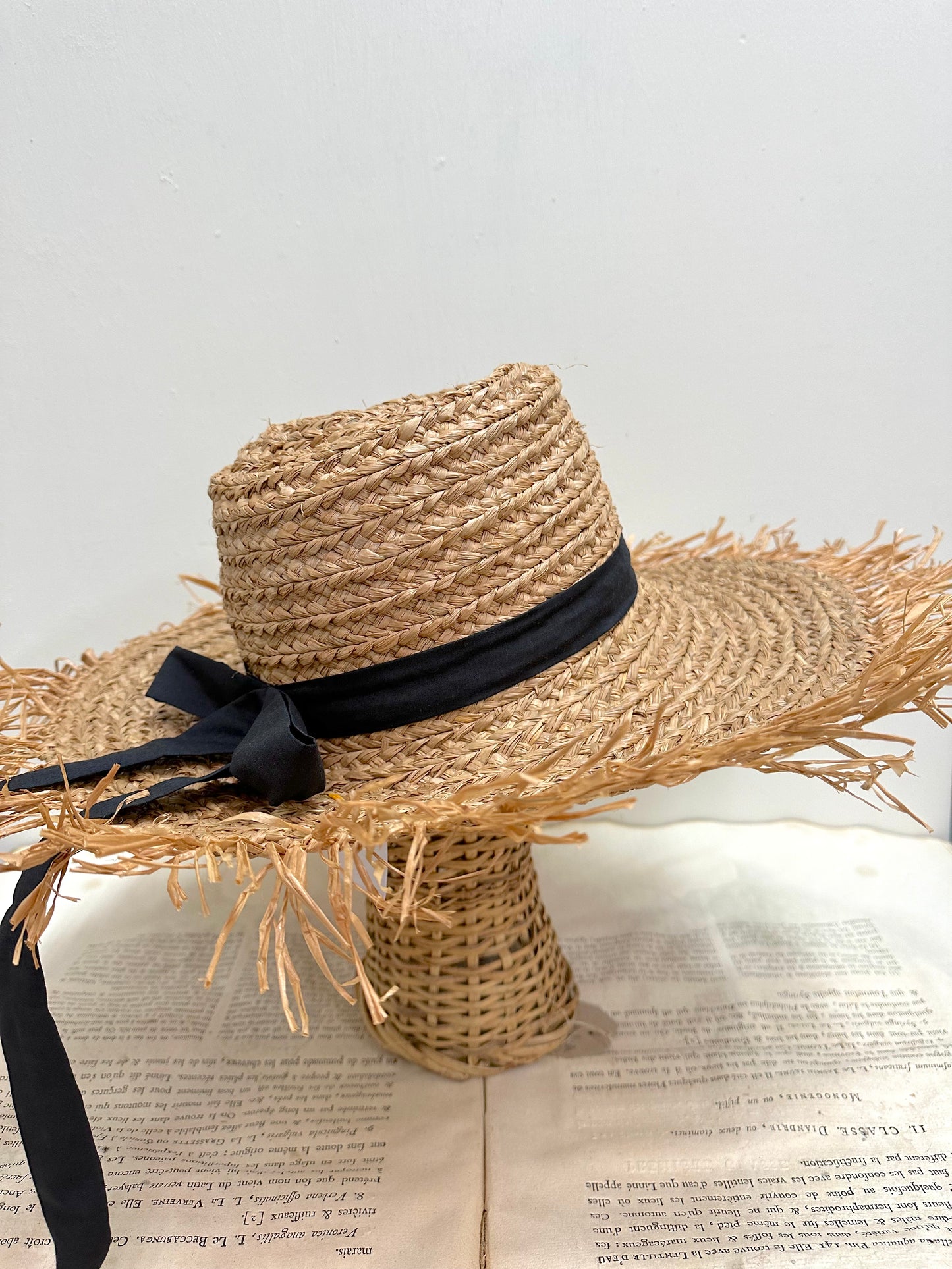 Large Raffia Hat With Black Ribbon And Raffia Edge In Tea