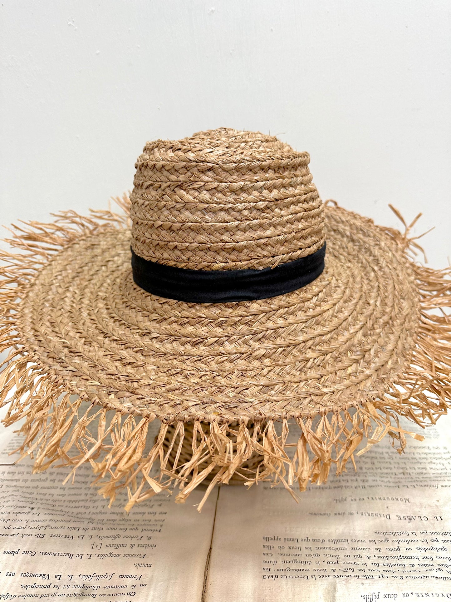 Large Raffia Hat With Black Ribbon And Raffia Edge In Tea