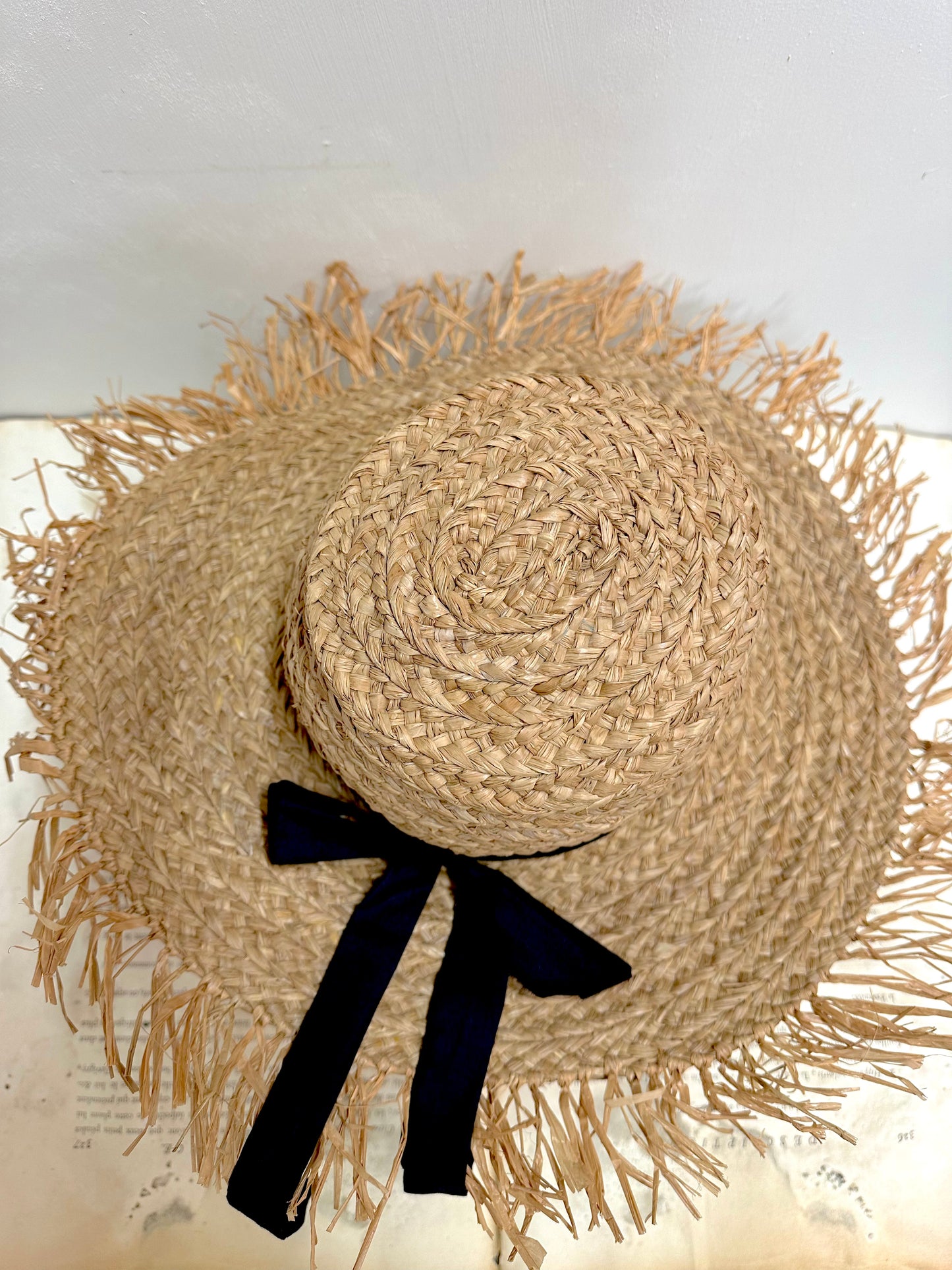 Large Raffia Hat With Black Ribbon And Raffia Edge In Tea