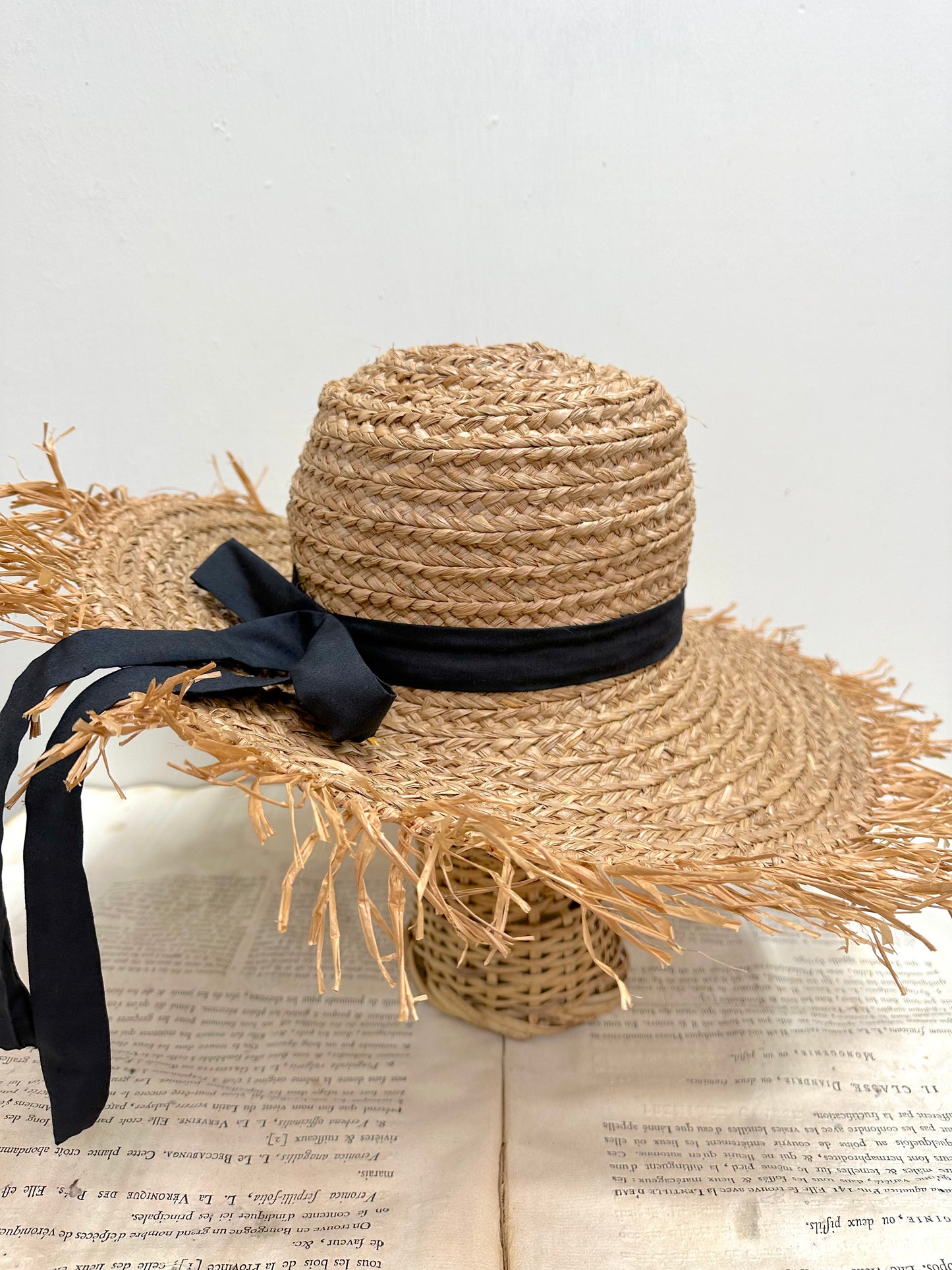 Large Raffia Hat With Black Ribbon And Raffia Edge In Tea