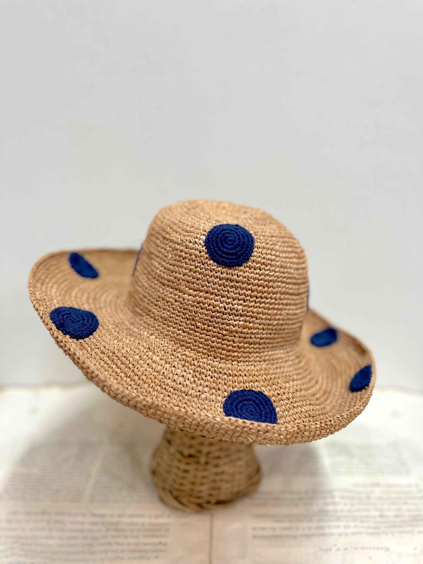 Raffia Hat With Large Crocheted Navy Spots