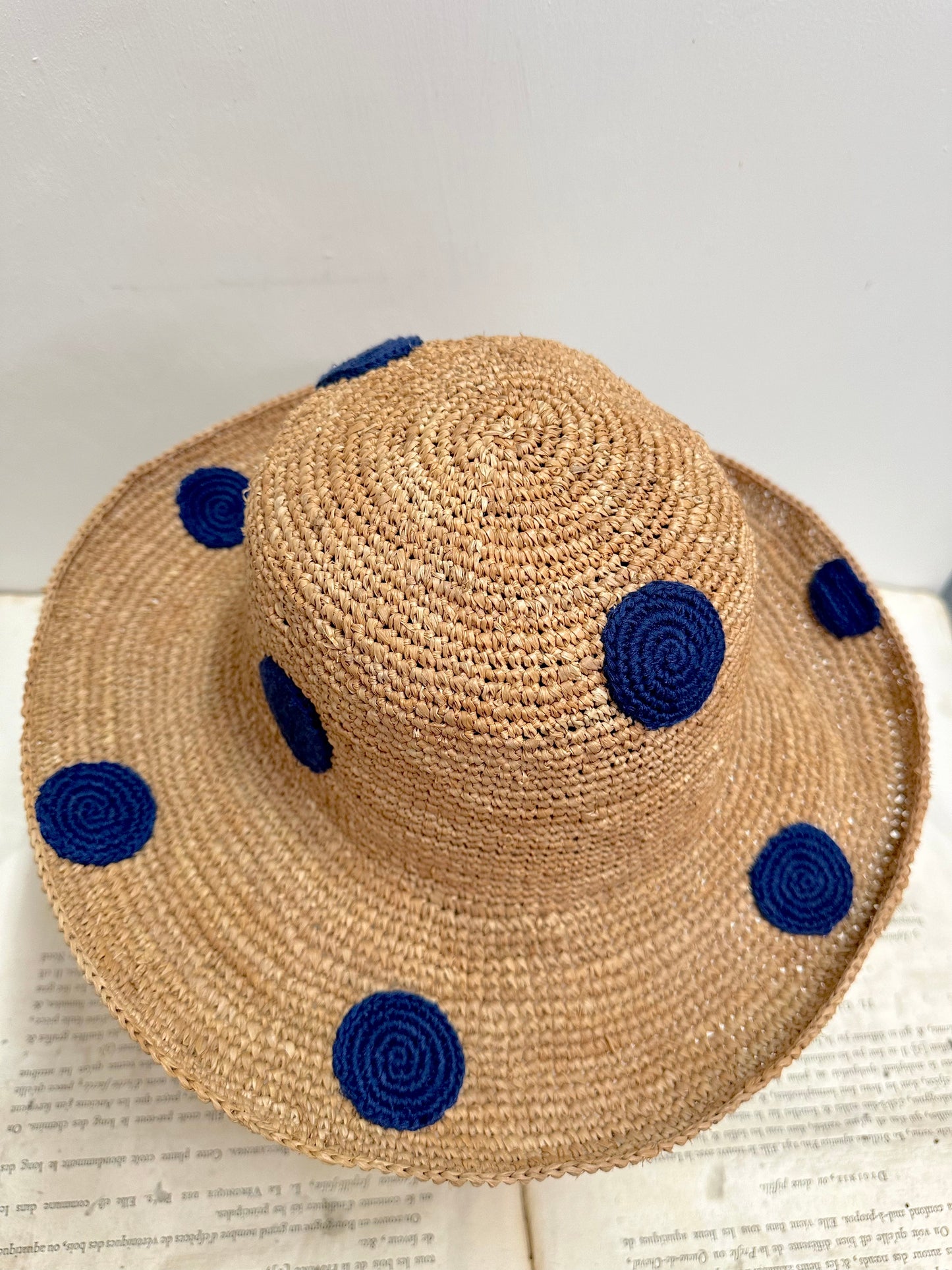 Raffia Hat With Large Crocheted Navy Spots