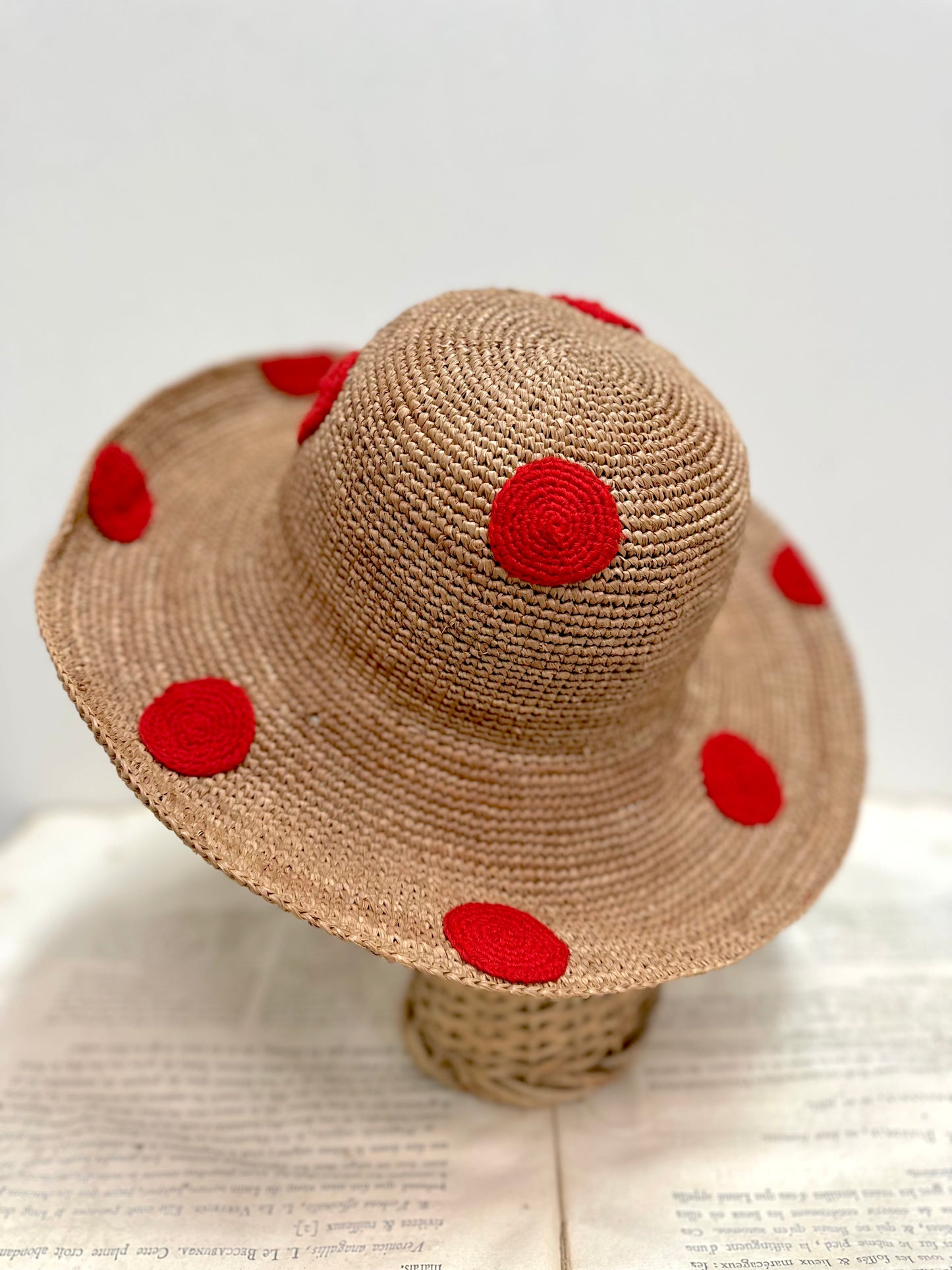 Raffia Hat With Large Crocheted Red Spots