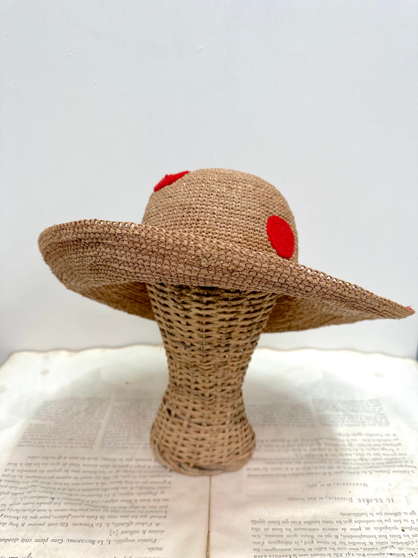 Raffia Hat With Large Crocheted Red Spots