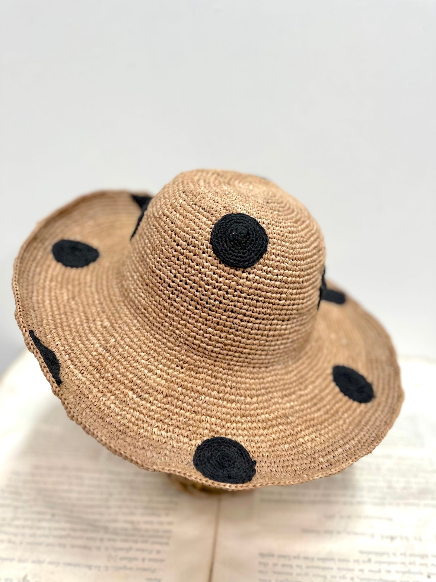 Raffia Hat With Large Black Crocheted Spots