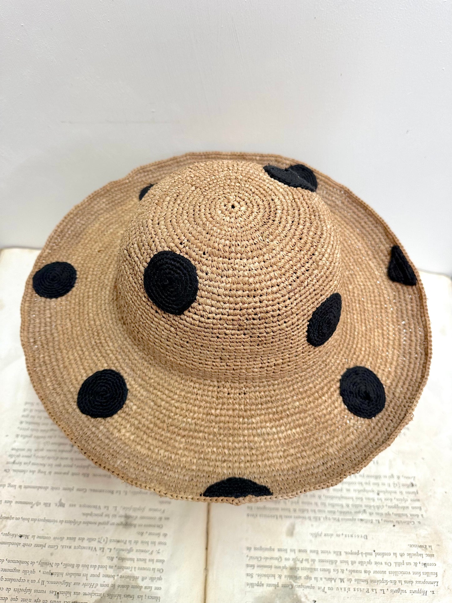 Raffia Hat With Large Black Crocheted Spots