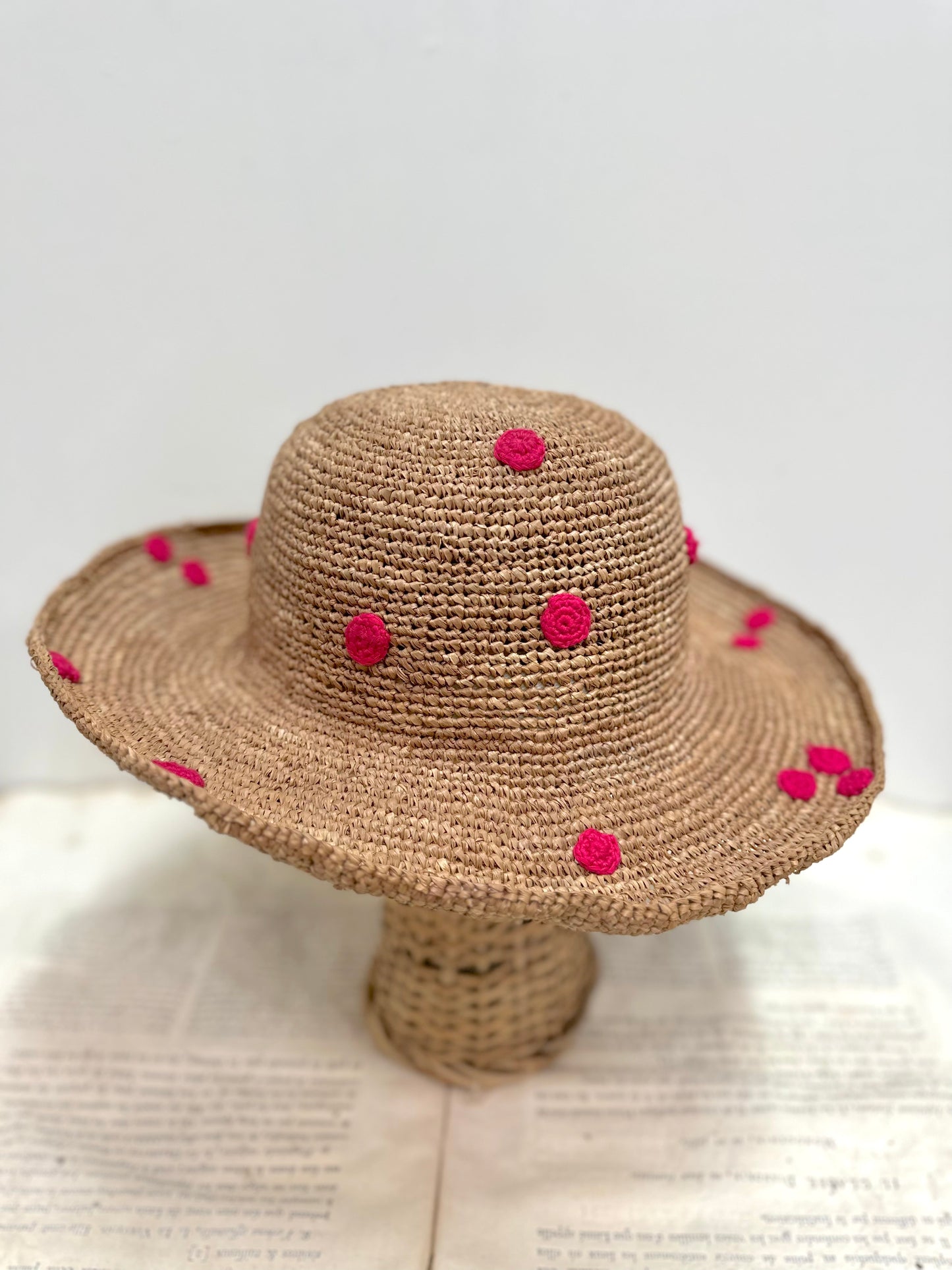 Raffia Hat With Small Pink Crocheted Spots