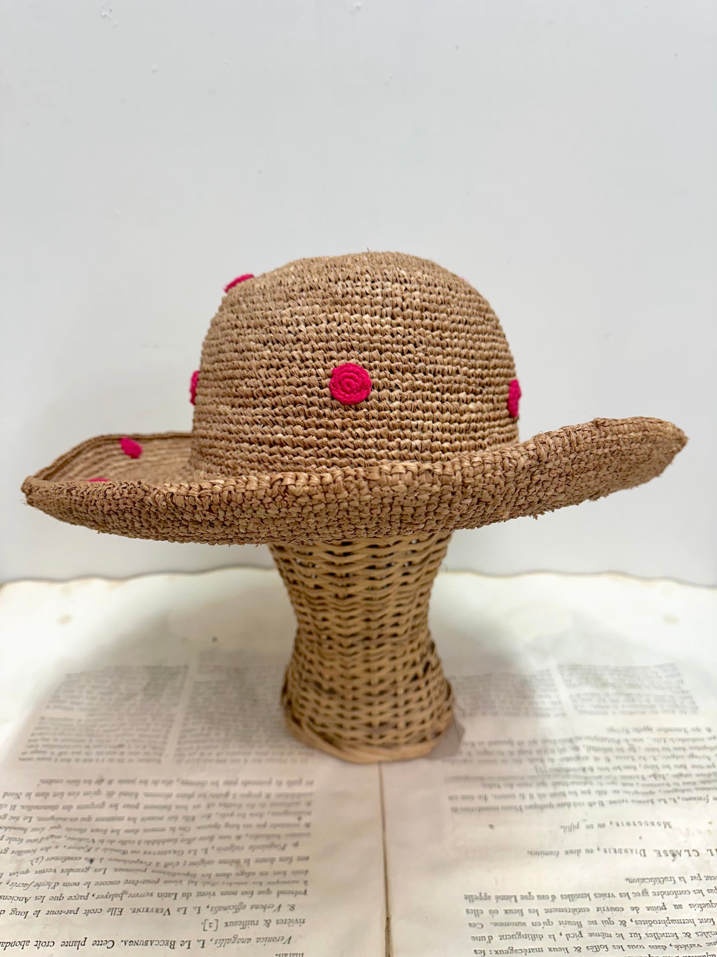 Raffia Hat With Small Pink Crocheted Spots