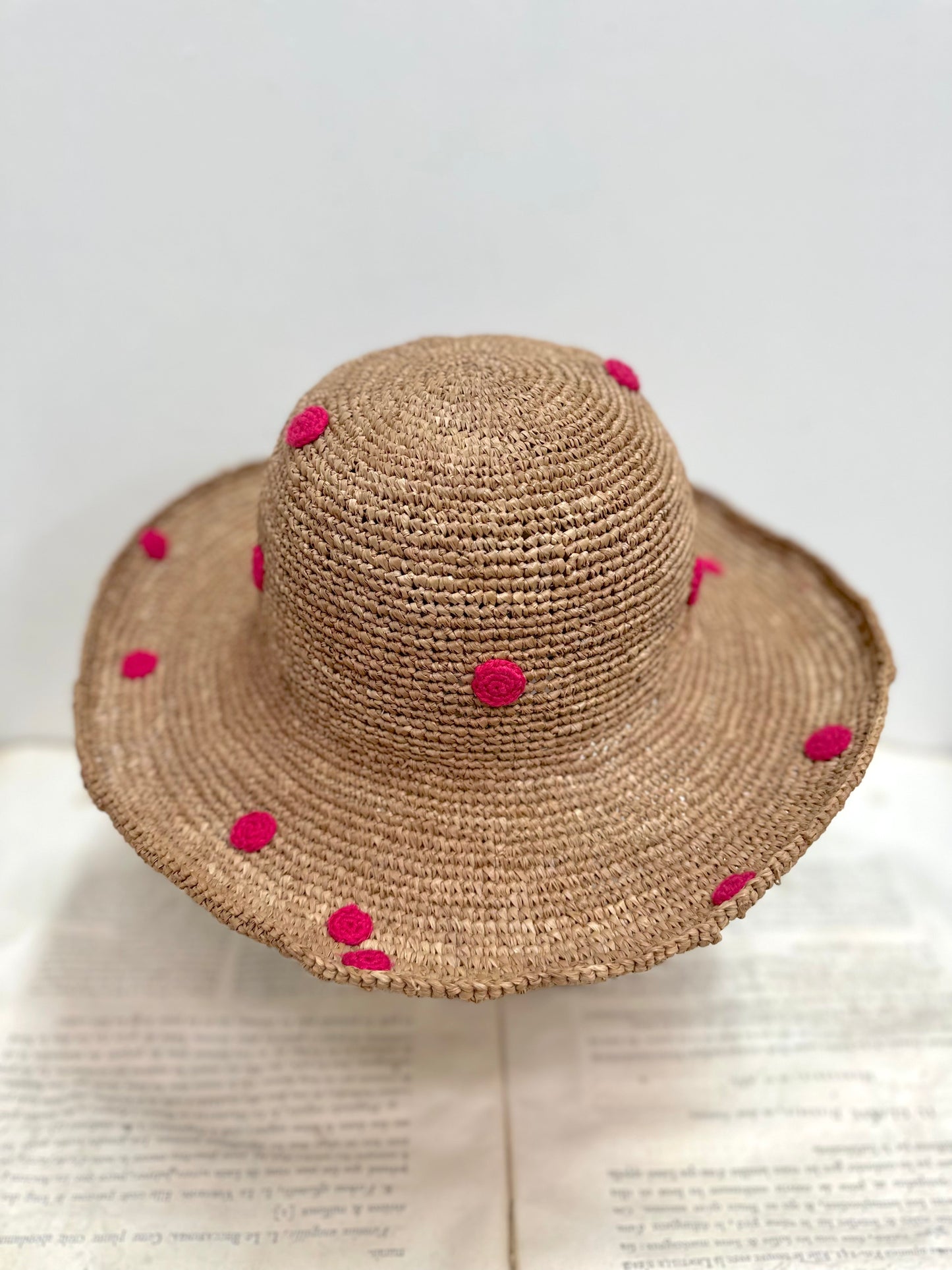 Raffia Hat With Small Pink Crocheted Spots