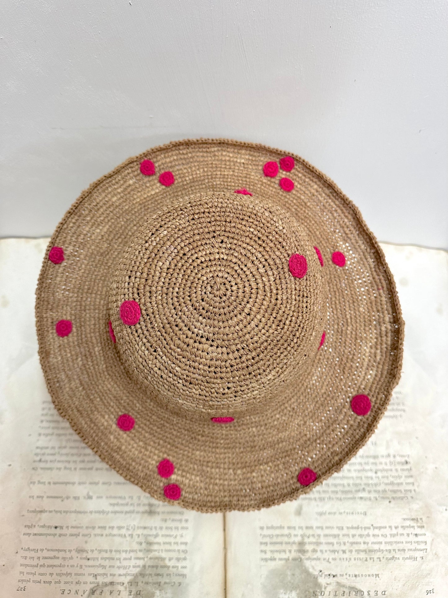 Raffia Hat With Small Pink Crocheted Spots