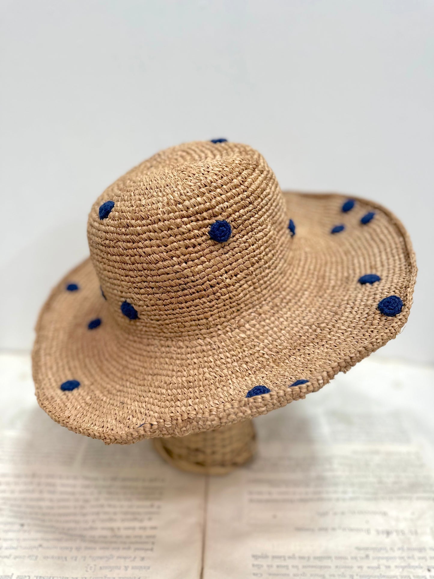 Raffia Hat With Small Navy Crocheted Spots