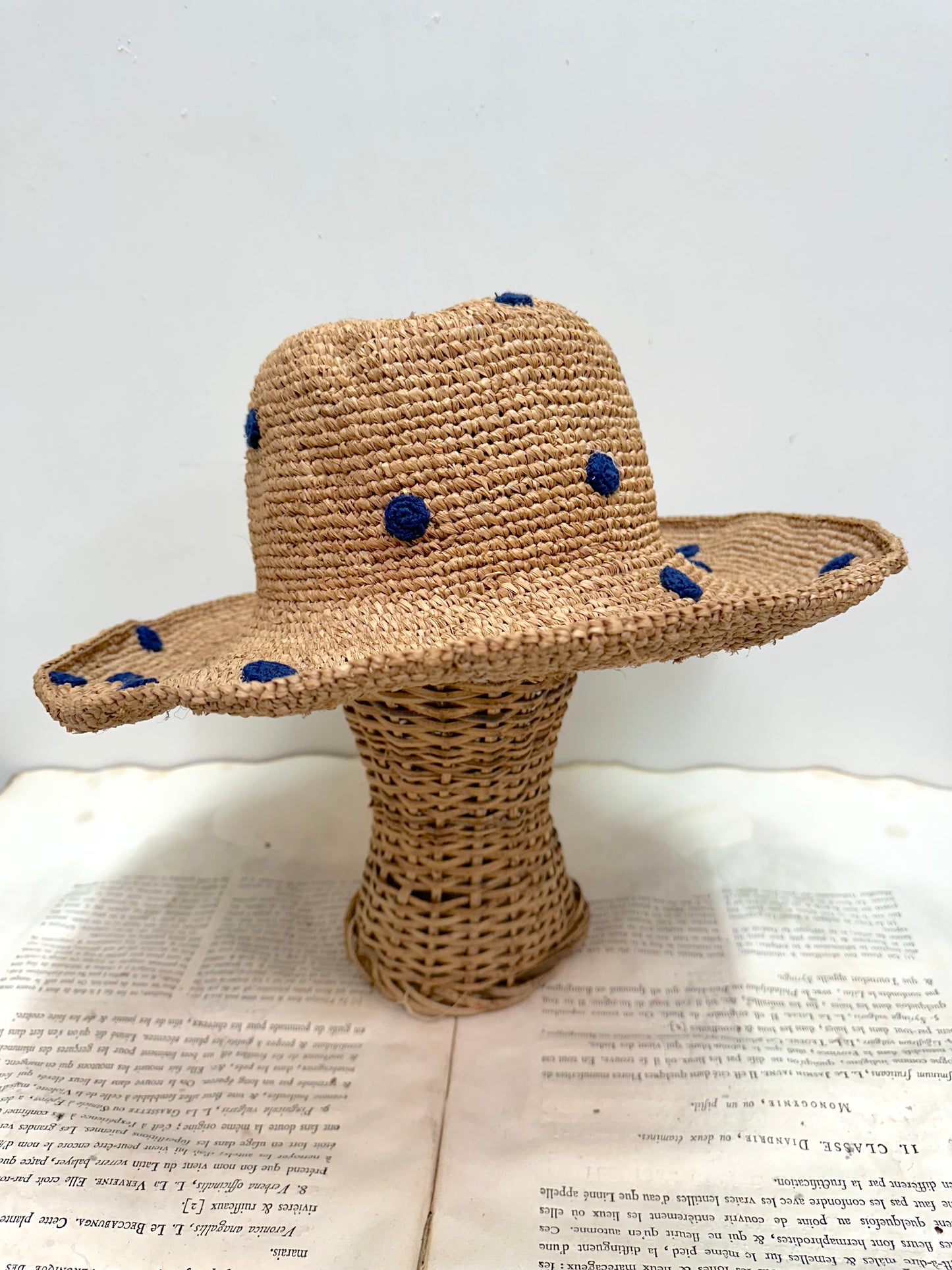 Raffia Hat With Small Navy Crocheted Spots