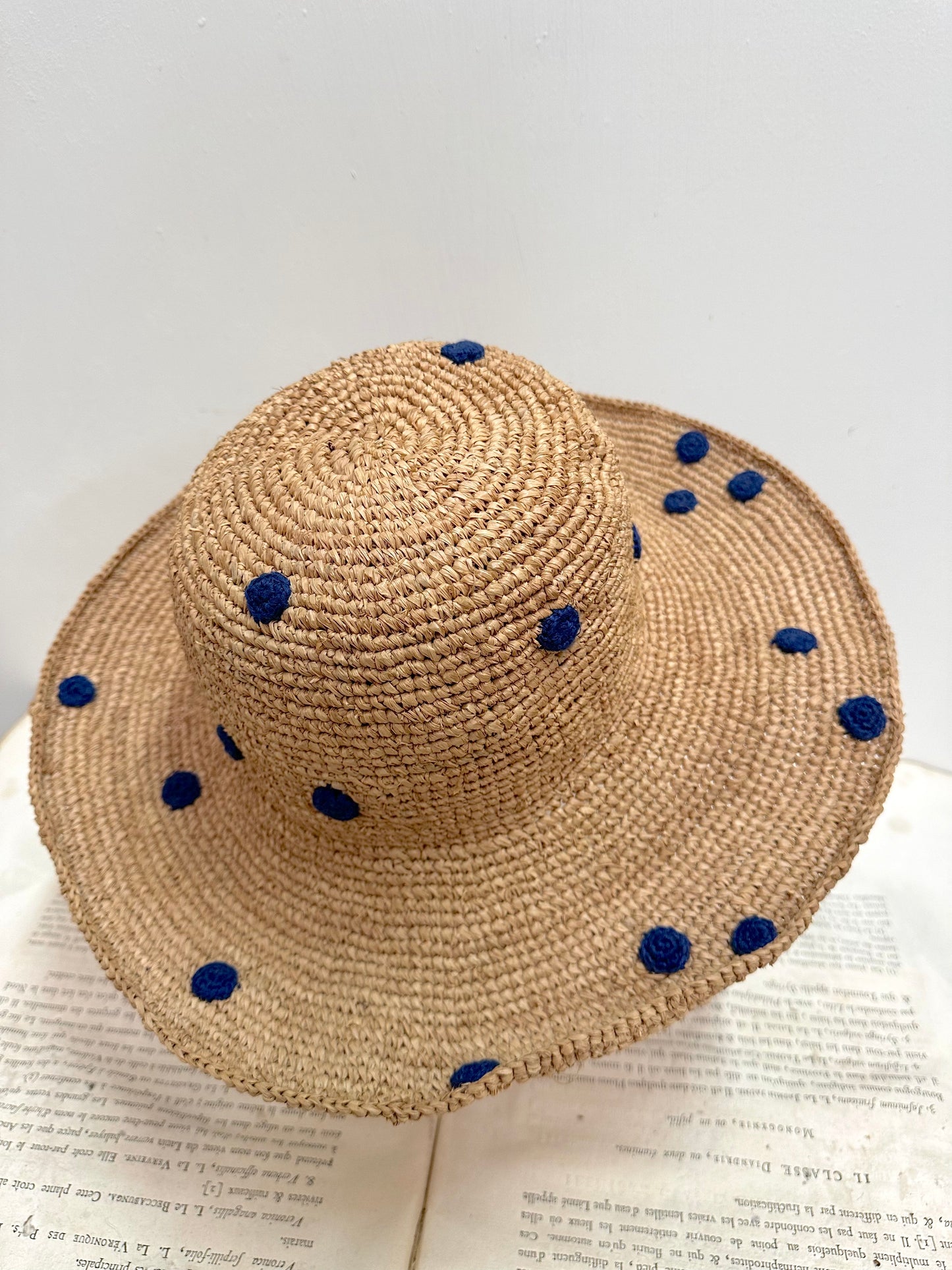 Raffia Hat With Small Navy Crocheted Spots