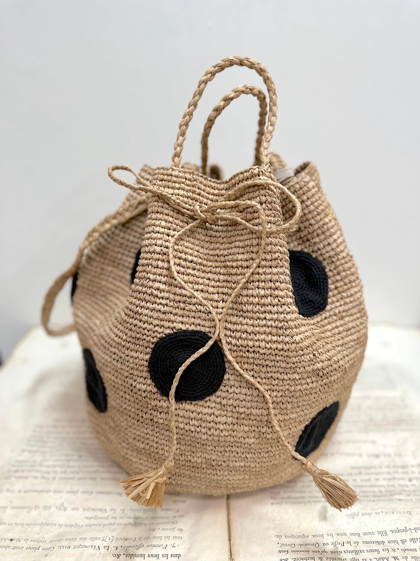 Large Raffia Bag With Large Black Spots And Shoulder Strap